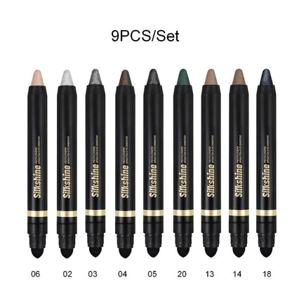 Nine-Piece Metallic Eyeshadow Stick Set with Brush in the Exact 9pcs Checkout Configuration