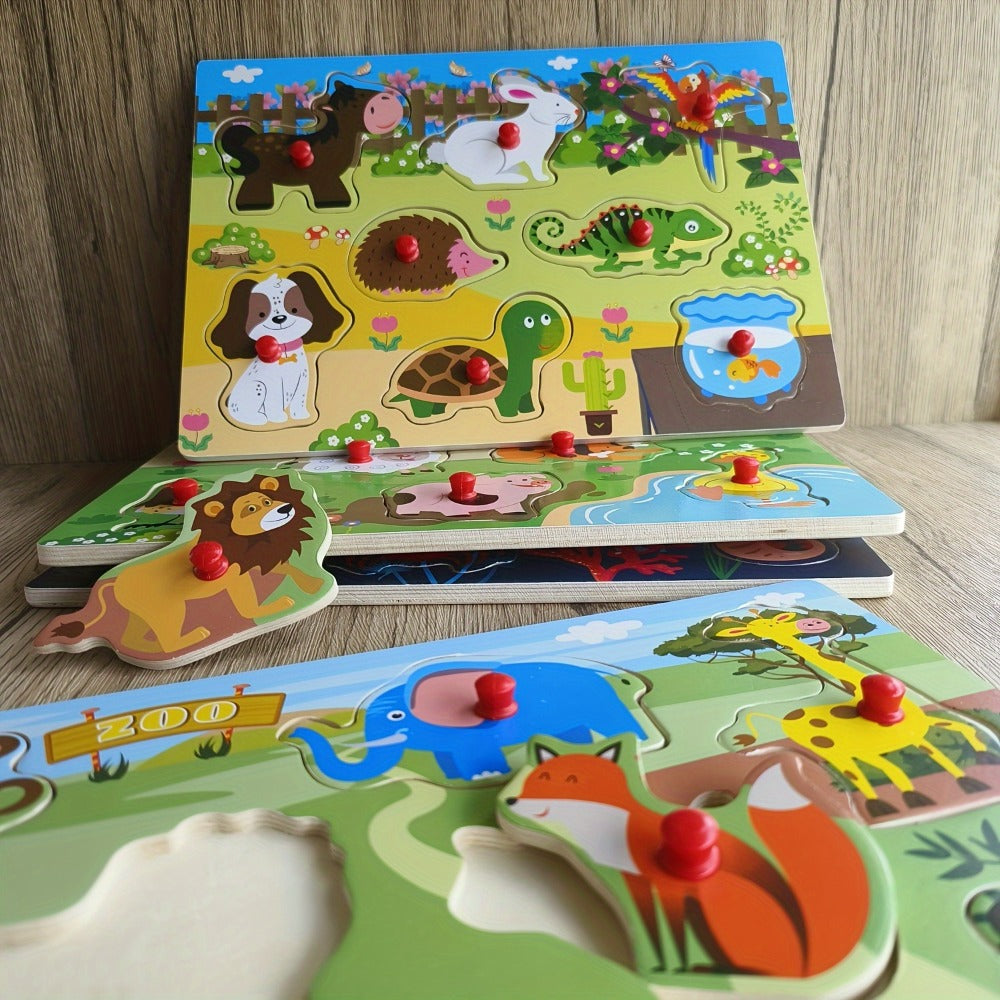 Four-Board Wooden Peg Puzzle Set with Colorful Animal Scenes and Red Knob Pieces for Matching Play