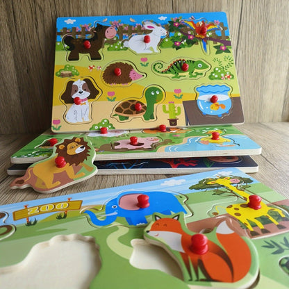 Four-Board Wooden Peg Puzzle Set with Colorful Animal Scenes and Red Knob Pieces for Matching Play