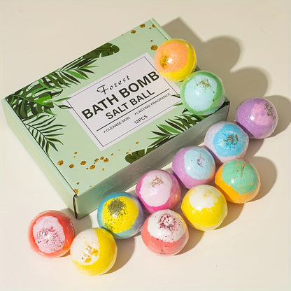 Bath Bombs, 12-Piece Extra-Large Gift Box with Assorted Colors, Labeled Scents and Forest Bath Ball Option