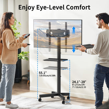 TV Stand Rolling Cart for 23 to 60-Inch Screens with Locking Casters, Media Shelf and Cable Routing