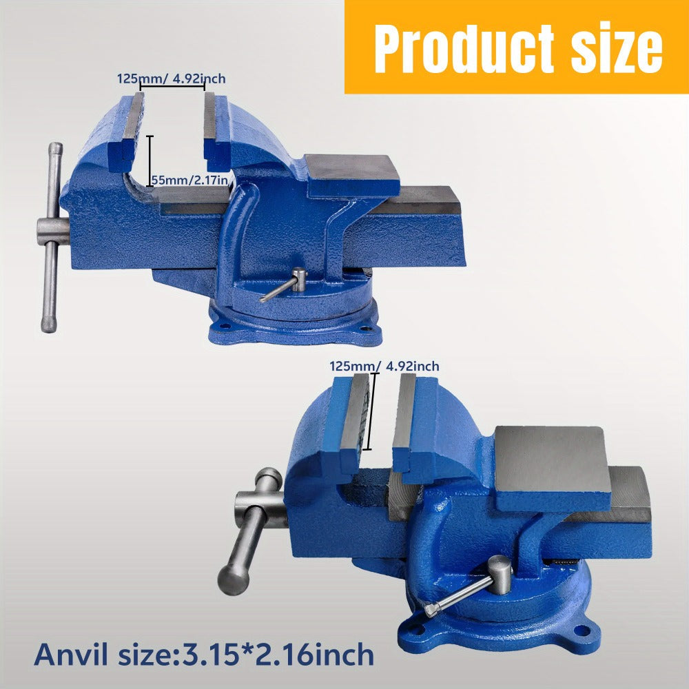 5-Inch Cast Iron Bench Vise with 360-Degree Swivel Base, Pipe Jaws and Anvil for Workshop Clamping