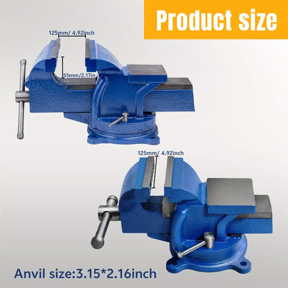 5-Inch Cast Iron Bench Vise with 360-Degree Swivel Base, Pipe Jaws and Anvil for Workshop Clamping