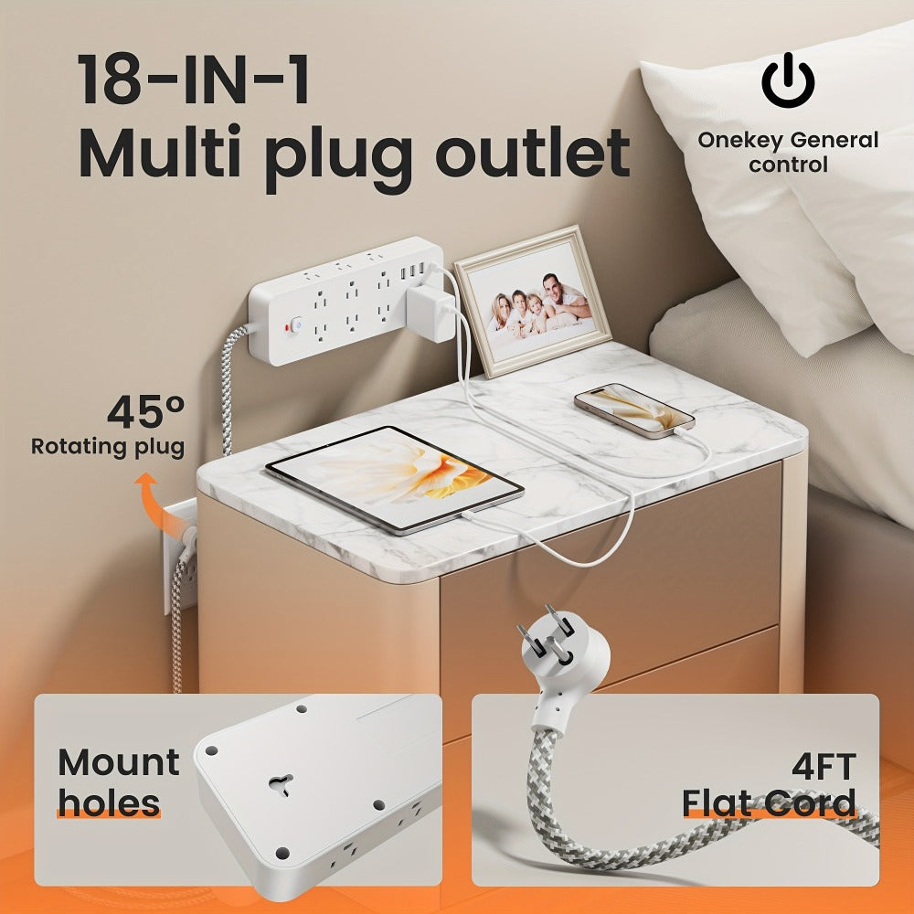 Surge Protector Power Strip 18-in-1 with 14 AC Outlets, 3 USB-A, 1 USB-C, 4 ft Flat Cord and Wall-Mount Holes