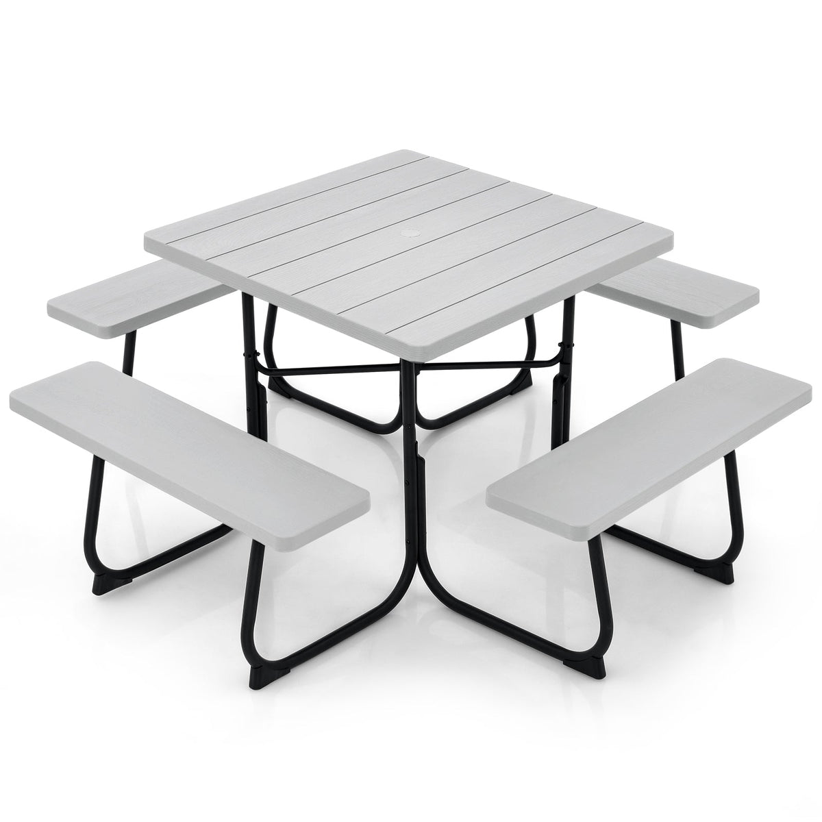 Outdoor Picnic Table 8-Person, Square HDPE Table with 4 Built-in Benches, Umbrella Hole, Metal Frame