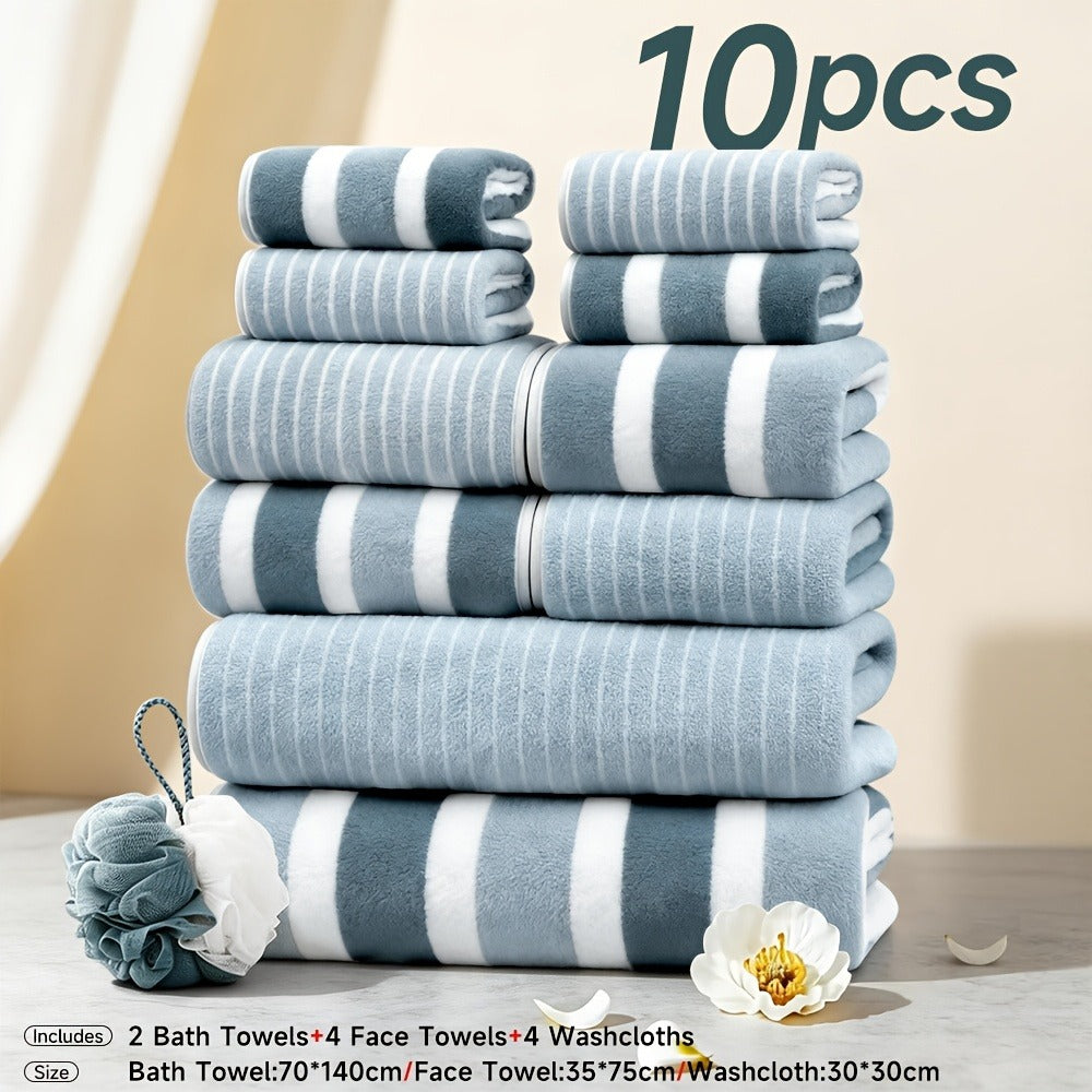 Towel Set 1, 3 or 10 Piece Polyester Striped Options with Bath, Face and Hand Towels for Home and Guest Use