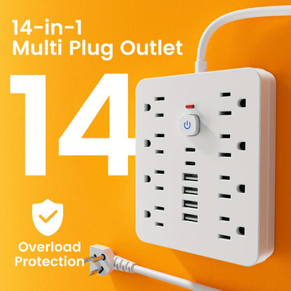 Power Strip 14-in-1 Wall-Mount Model with 8 AC Outlets, 4 USB-A, 2 USB-C and 5- or 10-Foot Flat-Plug Cord