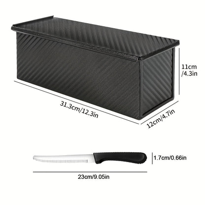 Pullman Loaf Pan with Lid, Extra Large 12.3x4.7x4.3 Inch Sandwich Bread Pan with Vent Holes, Nonstick Carbon Steel Toast Pan with Bread Knife, Square Loaf Pan for Sandwich Bread, Black or Gold