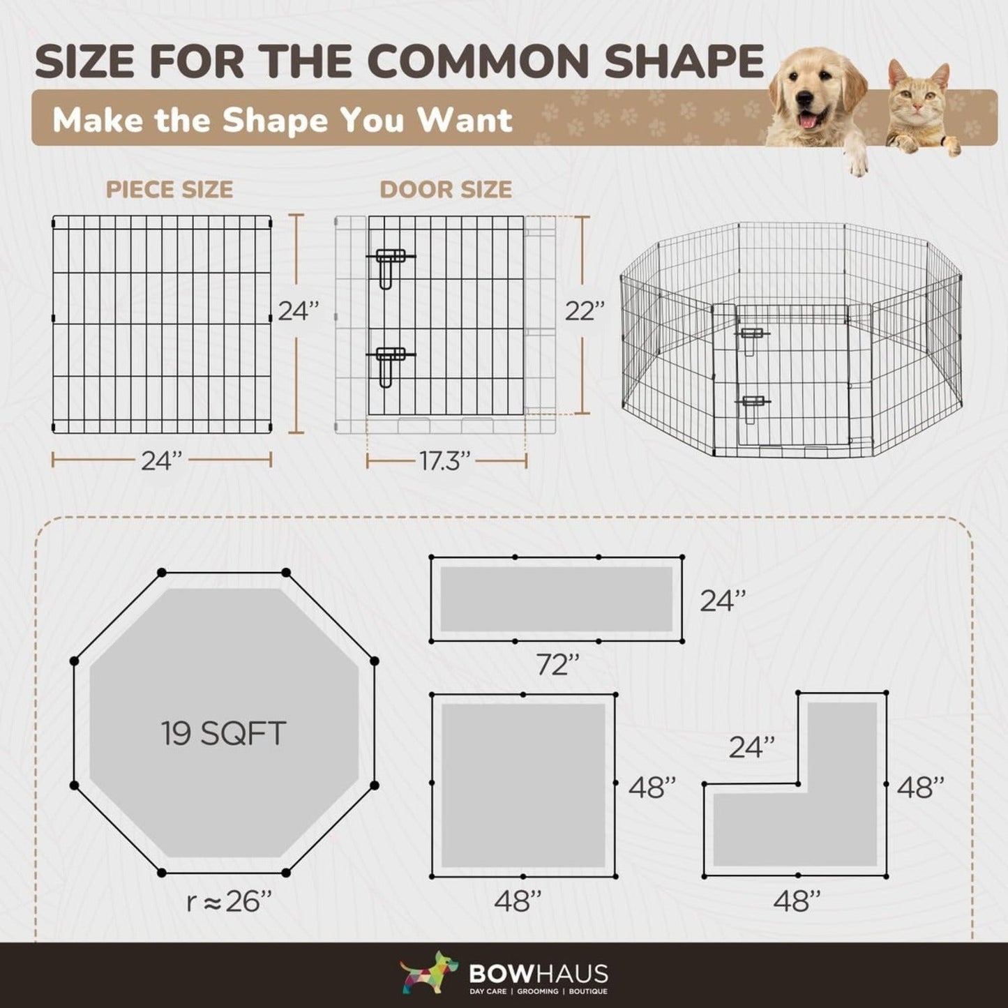 Dog Playpen 8 Panel Foldable Metal Pet Fence with Gate | Heavy-Duty Indoor Outdoor Exercise Pen for Small Dogs & Animals | Portable Kennel Cage | 24 Inch | Multiple Configurations Rectangle Octagon