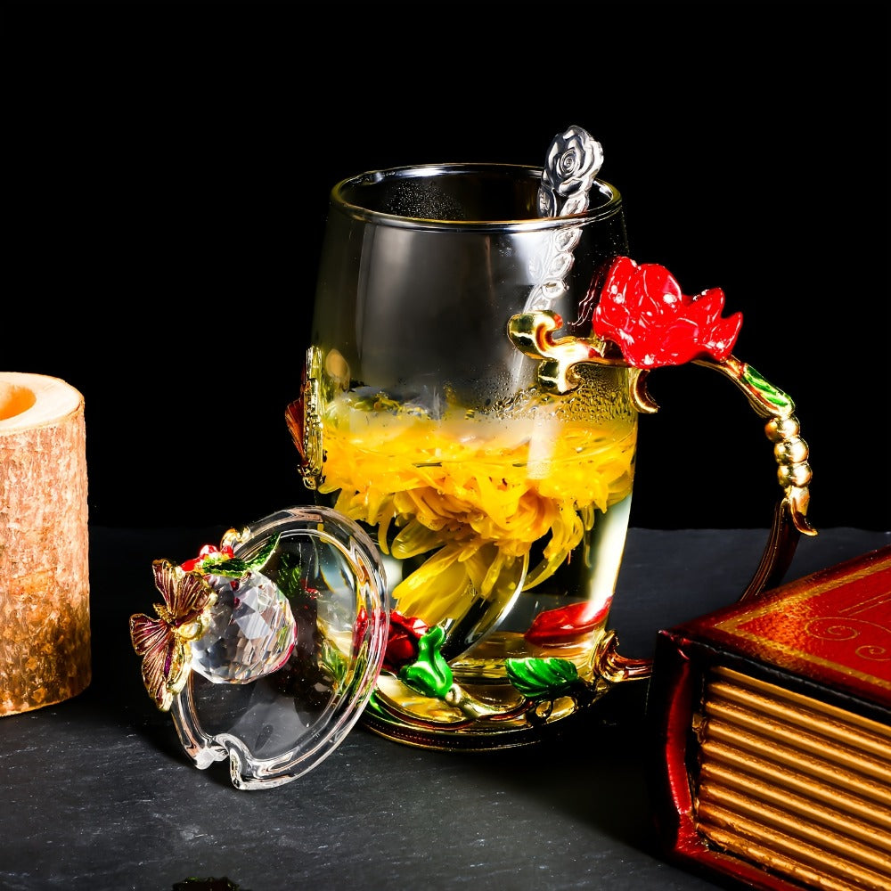 Four-Piece Floral Glass Tea Mug Set with Butterfly Lids, Rose Handles, Spoons and 12-Ounce Option