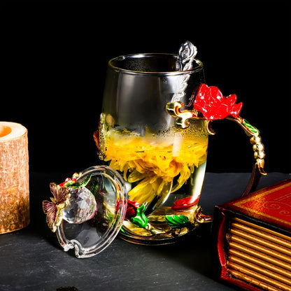 Four-Piece Floral Glass Tea Mug Set with Butterfly Lids, Rose Handles, Spoons and 12-Ounce Option