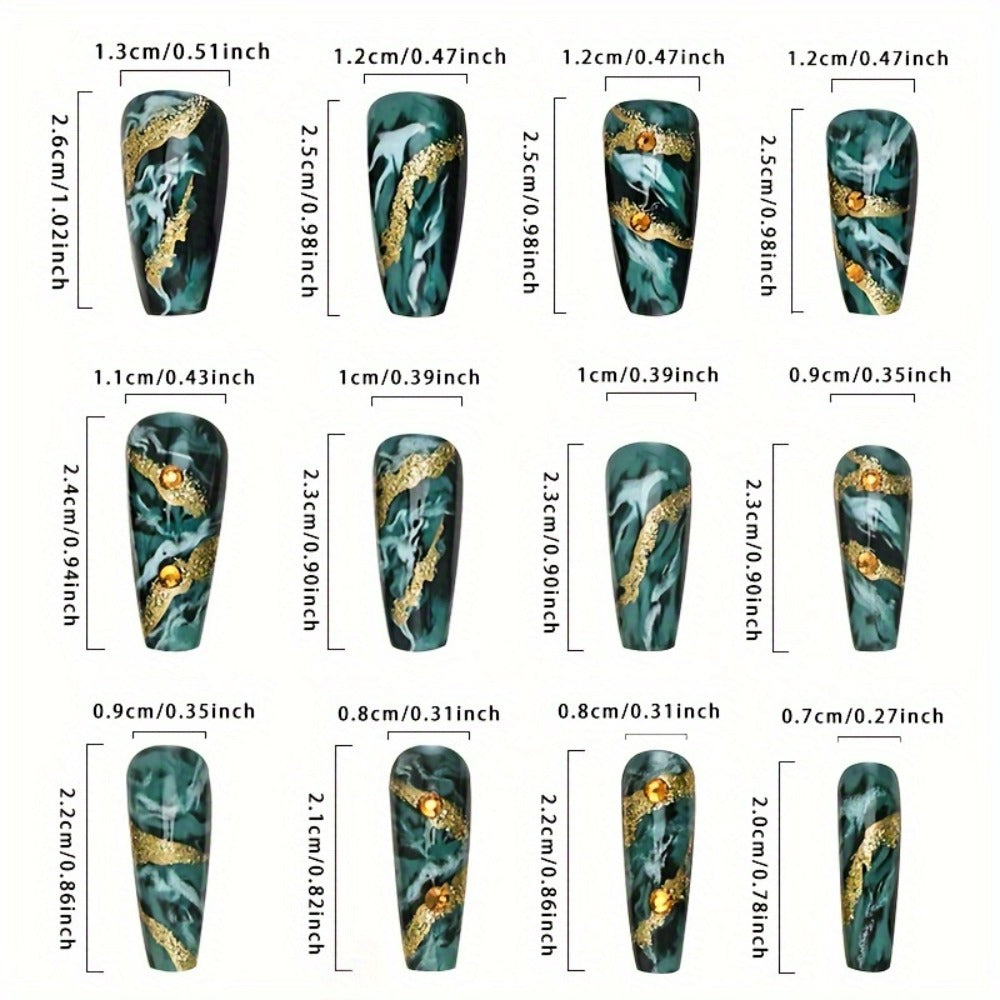 Press On Nails 144-Piece Medium Coffin Set with Blue Marble, Sequins and Included Nail Glue