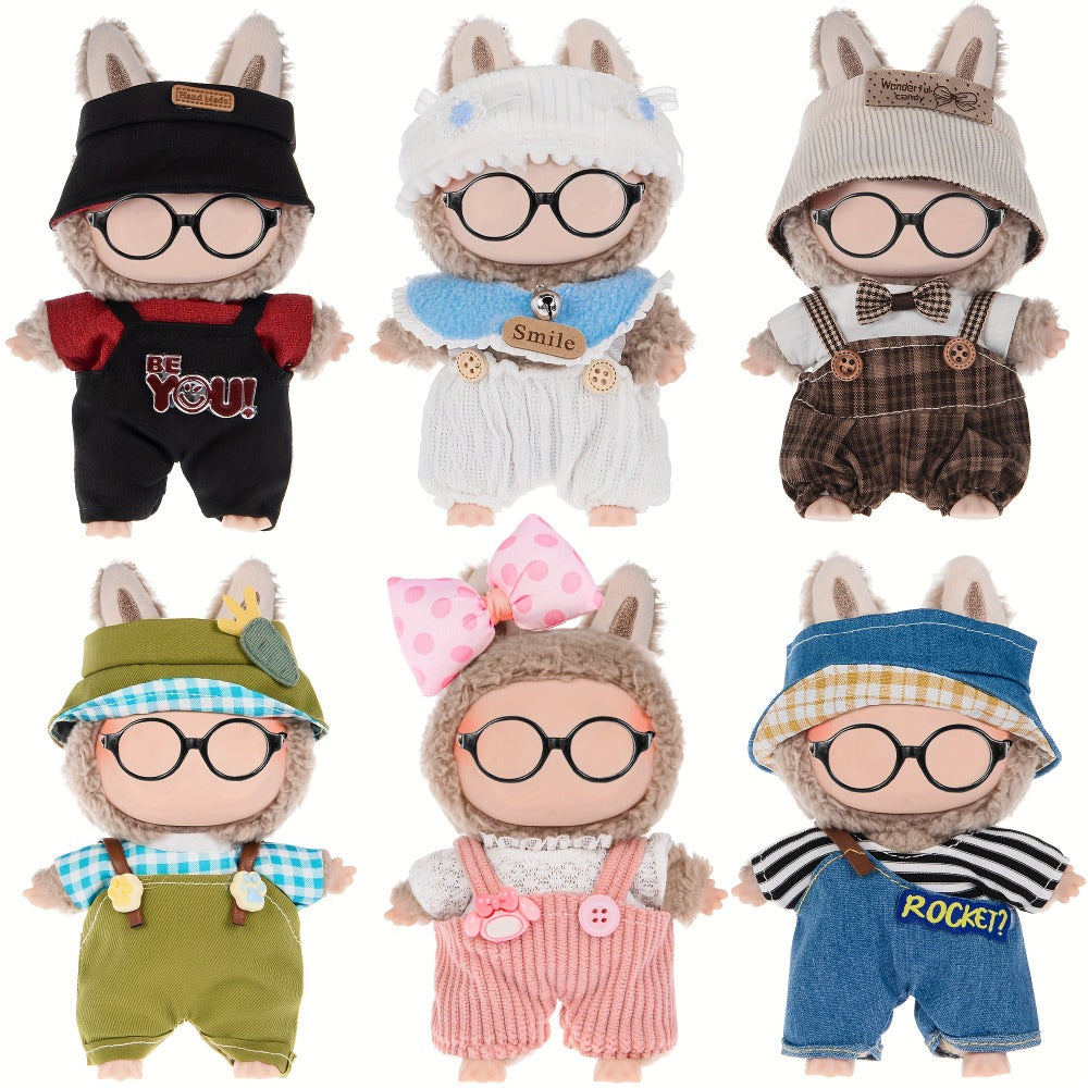 Six-Outfit Doll Clothes Set for 17cm Mini Dolls with Coordinated Tops, Shorts, Skirts, Overalls and Hats