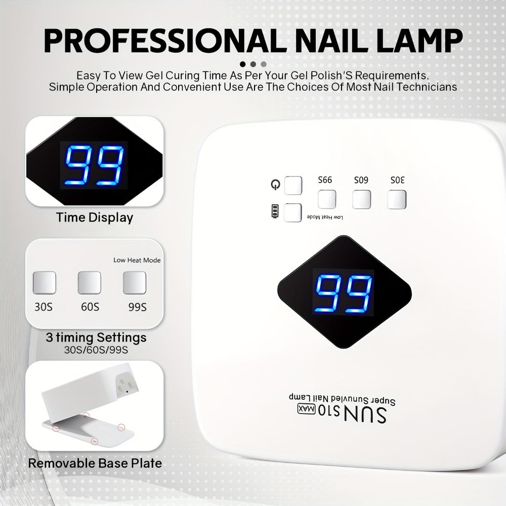 Wireless 30-Bead UV LED Nail Lamp in White with Three Timer Settings and SUN-S10MAX Model Label