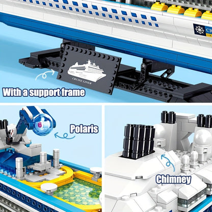 Cruise Ship Building Block Model with 2,428 Pieces, Display Stand, Support Frame and Detailed Deck Features