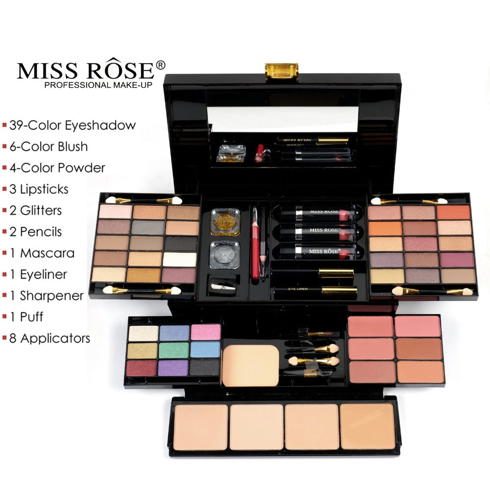 Makeup Kit 58-Color Black Mirror Case with Sliding Trays for Face, Eye and Lip Cosmetics plus Application Tools