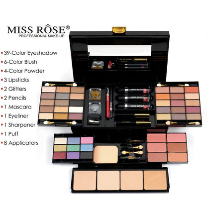 Makeup Kit 58-Color Black Mirror Case with Sliding Trays for Face, Eye and Lip Cosmetics plus Application Tools