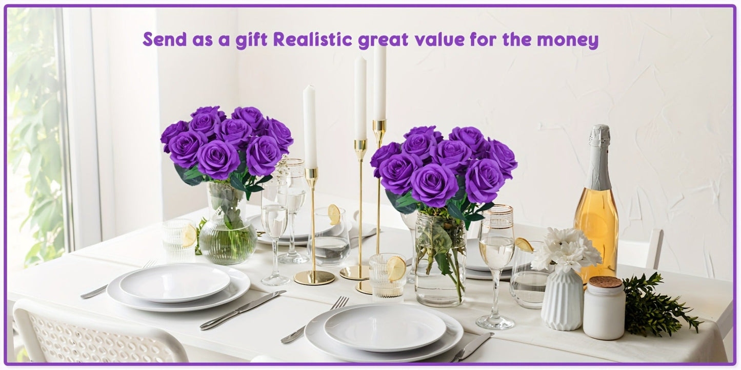 Artificial Flowers 10-Piece Silk Rose Set with 19.69-Inch Bendable Stems in Deep Purple or Dark Green