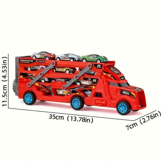 Transforming Launcher Truck Playset with 8 Alloy Cars – Foldable Storage Transporter Toy | Car Carrier Truck with Launch Ramp, Durable ABS Construction, Birthday Gift for Boys Ages 3 4 5 6
