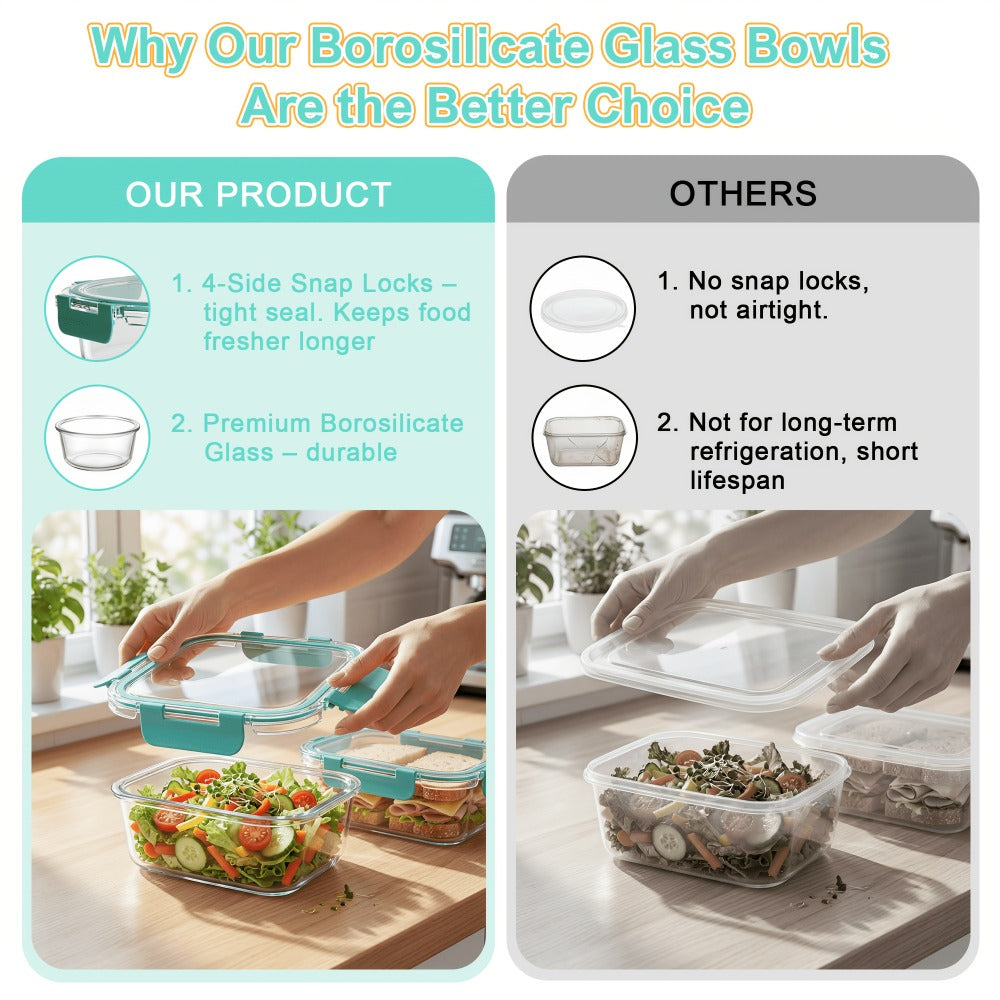 Food Storage Containers Borosilicate Glass Set with Locking Lids in 10-, 12- or 17-Piece Color Options