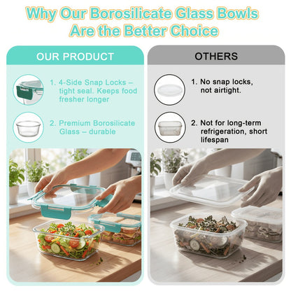 Food Storage Containers Borosilicate Glass Set with Locking Lids in 10-, 12- or 17-Piece Color Options