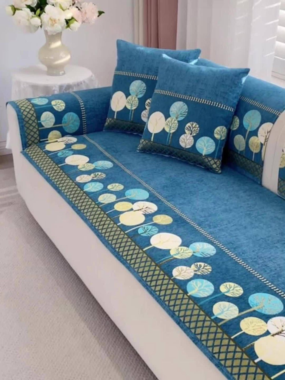Sofa Couch Cover Light Luxury Geometric Embroidery 1pc - Knit Anti-Slip Four Seasons Universal Pet Friendly Furniture Protection Slipcover | Grey Blue White | Single 2-Seat Living Room Bedroom Office