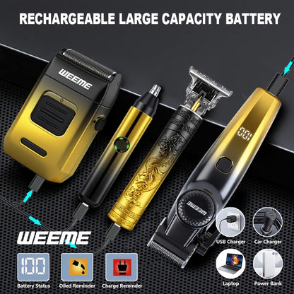 4-Piece Grooming Kit for Men USB Rechargeable Electric Shaver Beard Trimmer Nose Hair Trimmer Hair Clipper System with 8 Guide Combs Gradient Golden Gift for Dad Boyfriend Husband Holiday Travel