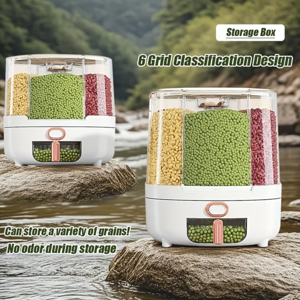 Rotating Grain Food Storage Organizer with Six Compartments and 13lb or 22lb Capacity Options