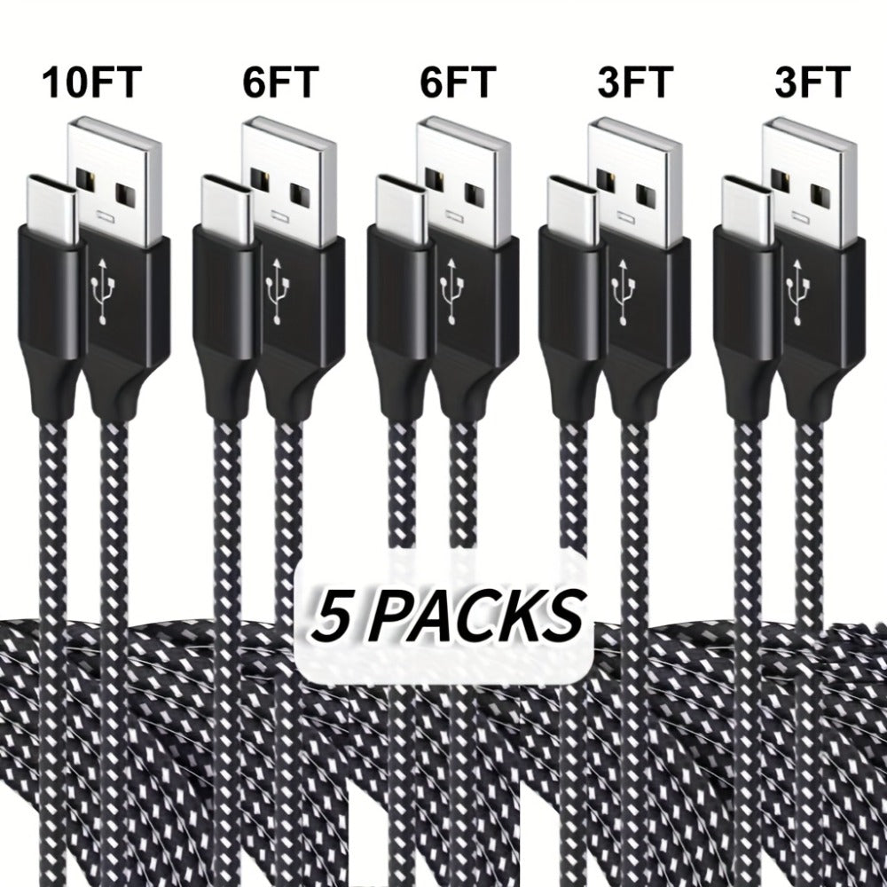 5-Pack USB-C Cable Nylon Braided Fast Charging, Multi-Length 3.3/3.3/6.6/6.6/10ft, Compatible with iPhone 15 16 Pro Max, iPad Pro, Samsung Galaxy Tab S9, Google Pixel, LG, Sony, OnePlus, Black & White