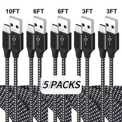 5-Pack USB-C Cable Nylon Braided Fast Charging, Multi-Length 3.3/3.3/6.6/6.6/10ft, Compatible with iPhone 15 16 Pro Max, iPad Pro, Samsung Galaxy Tab S9, Google Pixel, LG, Sony, OnePlus, Black & White