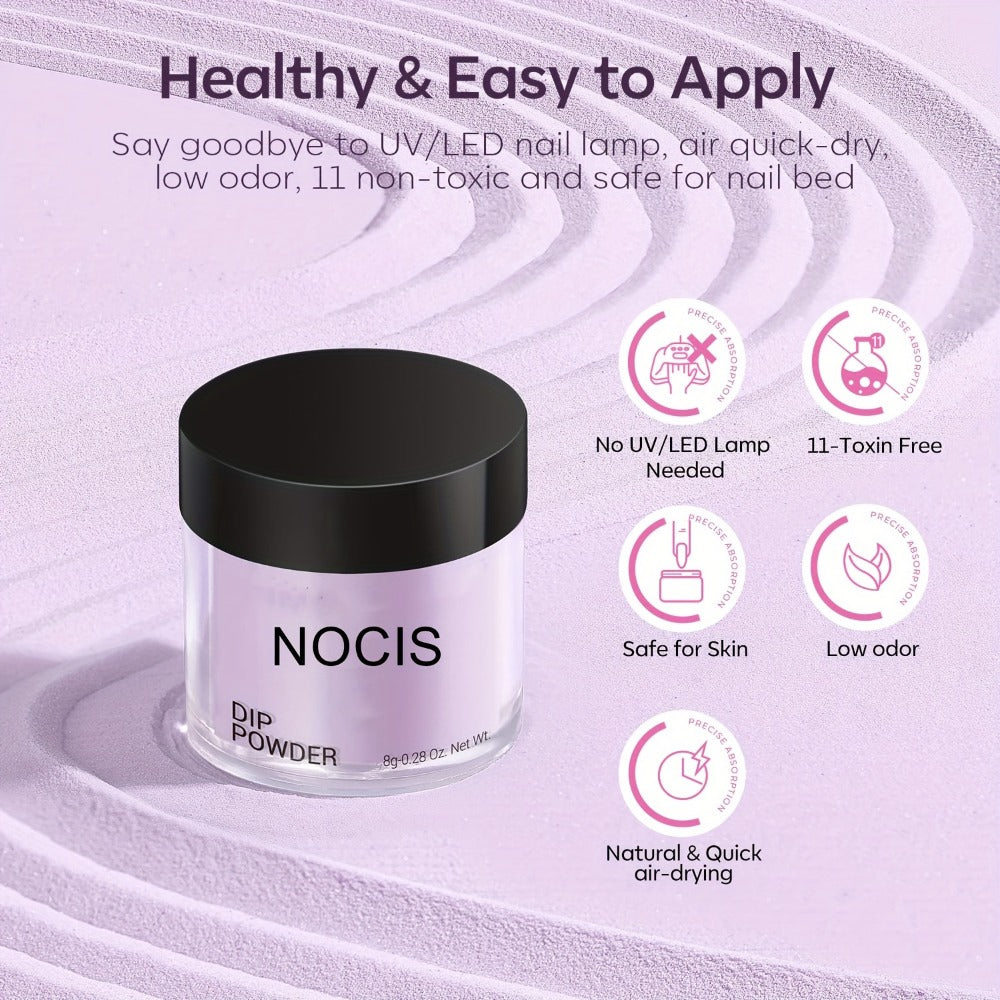 Dip Powder Nail Kit with NOCIS Label, Four Lilac Lavender Purple Glitter Powders, Three 10ml Liquids and Tools