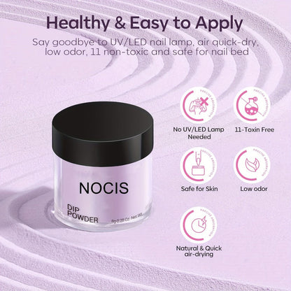 Dip Powder Nail Kit with NOCIS Label, Four Lilac Lavender Purple Glitter Powders, Three 10ml Liquids and Tools
