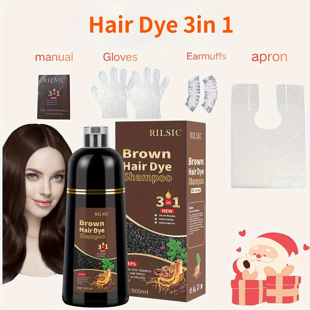 Hair Color Shampoo, RILSIC 3-in-1 500ml Pump Bottle with Black, Brown, Chestnut and Dark Brown Options