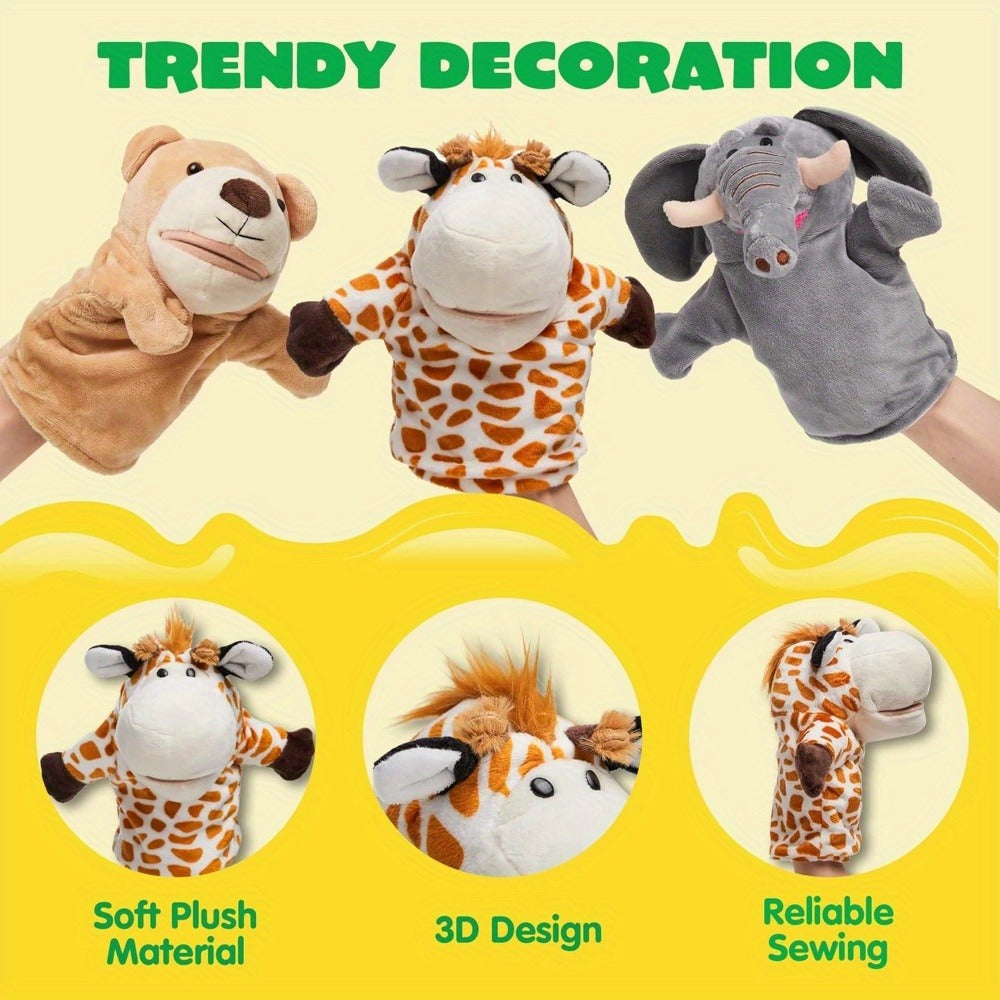 Six-Piece Zoo Animal Hand Puppet Set with Brown, Orange, Spotted and Gray Character Designs