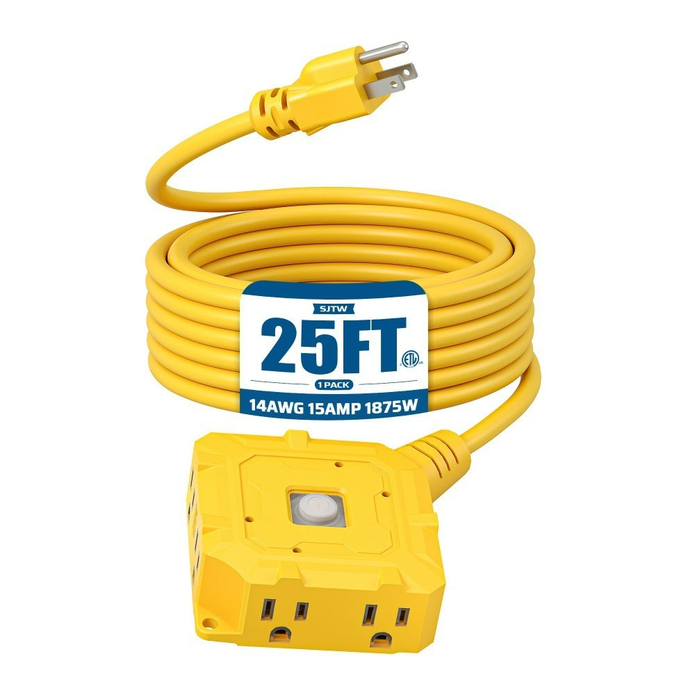 Heavy Duty Extension Cord 25ft 6-Outlet SJTW 14AWG with Protective Cover & On/Off Switch – Outdoor Indoor Power Strip Cord for Workshop, Garage, Christmas Lights, Tools