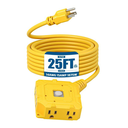 Heavy Duty Extension Cord 25ft 6-Outlet SJTW 14AWG with Protective Cover & On/Off Switch – Outdoor Indoor Power Strip Cord for Workshop, Garage, Christmas Lights, Tools