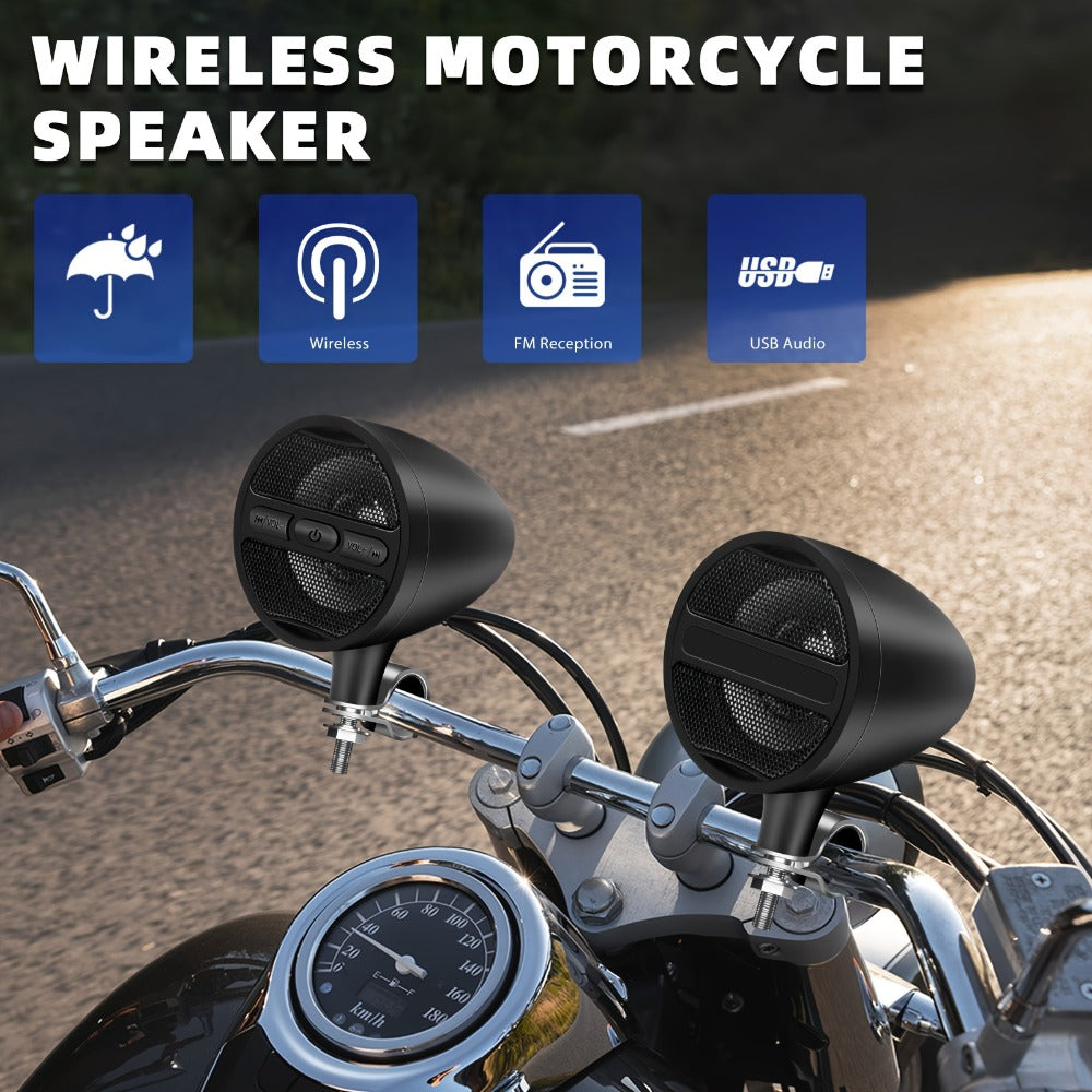 Motorcycle Handlebar Speaker 12V Stereo Audio System with MP3 USB FM Radio Handlebar Mount for Off-Road Dirt Bike ATV Cruiser Waterproof Music Player Black