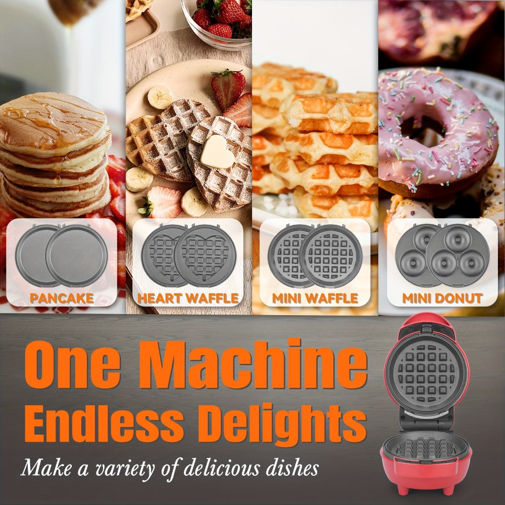 Compact Four-in-One Waffle Maker with Removable Round Plates in Graphite, Red or Blue Checkout Colors