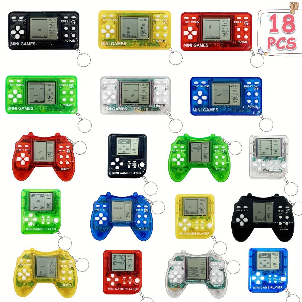 18-Piece Mini Game Keychain Set with Controller and Handheld Shapes in Six Pictured Case Colors