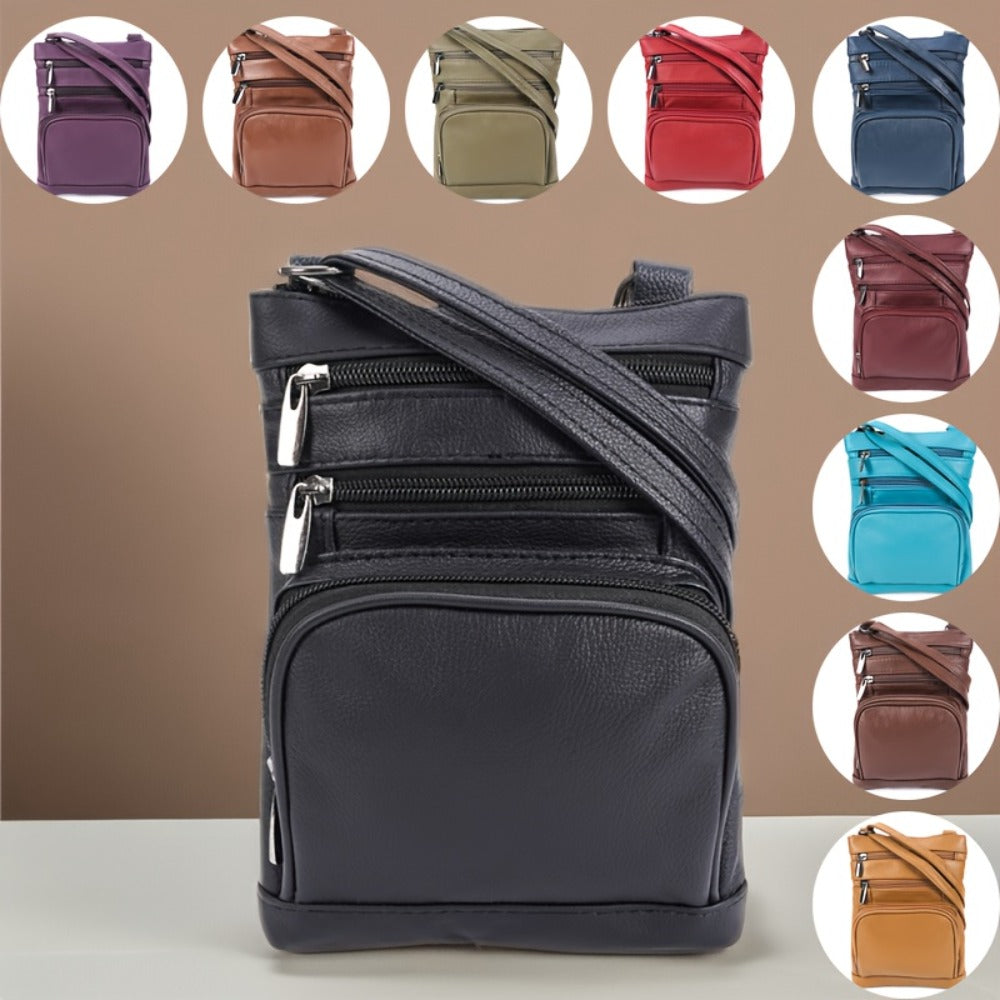 Genuine Leather Shoulder Bag for Women Men Soft First-Layer Cowhide Crossbody Bag Multi-Pocket Messenger Bag 3 Sizes Fits Smartphone Tablet Daily Work Travel – Black Red Brown Navy