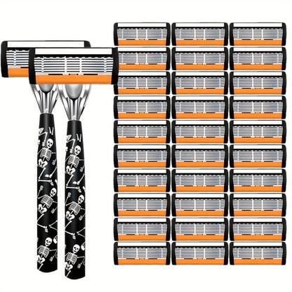 Safety Razor for Men 7-Layer Progressive Blades — Non-Slip Stainless Steel Handle Classic Double Edge Razor for Beard & Mustache Grooming, 1 or 2 Handle + 15–36 Blade Pack Options