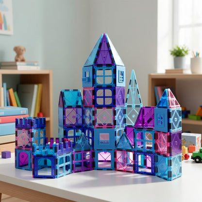 32-Piece Blue and Purple Magnetic Tile Castle Set with Squares, Triangles and Window Pieces