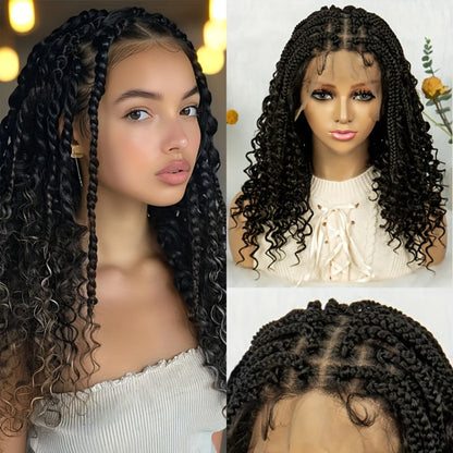 Goddess Braided Wig Knotless Bohemian Square Braid Full Lace Curly Wave 14-16 Inch Black Burgundy Brown Natural Hairline Protective Style Synthetic Wig for Women
