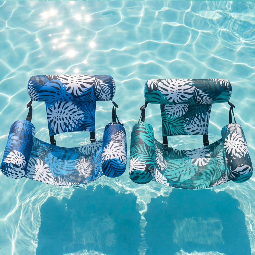 Leaf-Print Inflatable Pool Float Chair with Mesh Sling Seat in Blue, Blue-Green or Red-Cyan Checkout Options