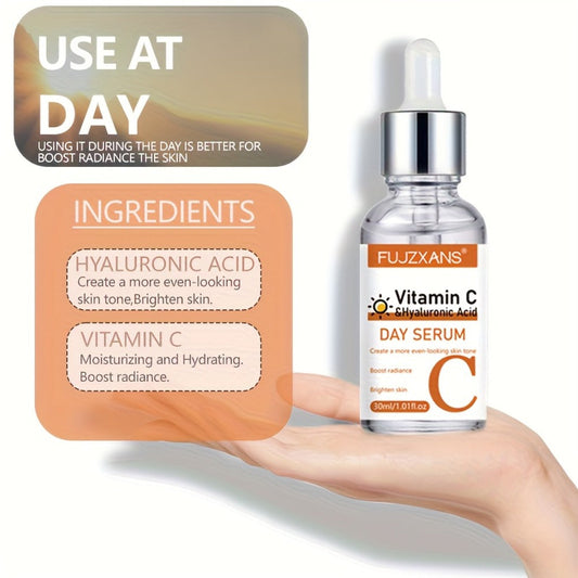 Vitamin C Retinol Hyaluronic Acid Serum Set — 3-Piece Day & Night Anti-Aging Brightening Dropper Kit with Collagen & Glycerol, Firming Deep Hydration Facial Essence for Women, 3x30ml