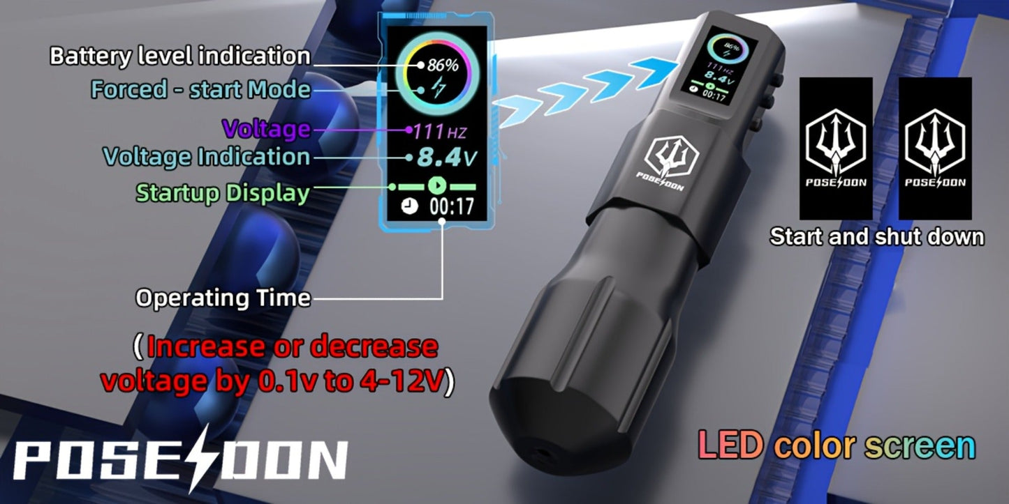 POSEIDON LTK08 Tattoo Kit with 1800mAh Color-Display Pen, 20 Cartridges, 11 Inks and Carry Case