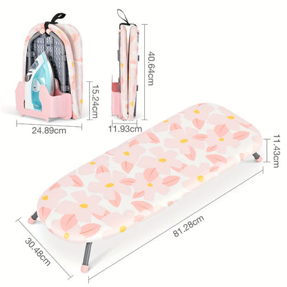 Compact Tabletop Ironing Board with Fold-Out Iron Holder in Blue, Pink or Black Cover Options