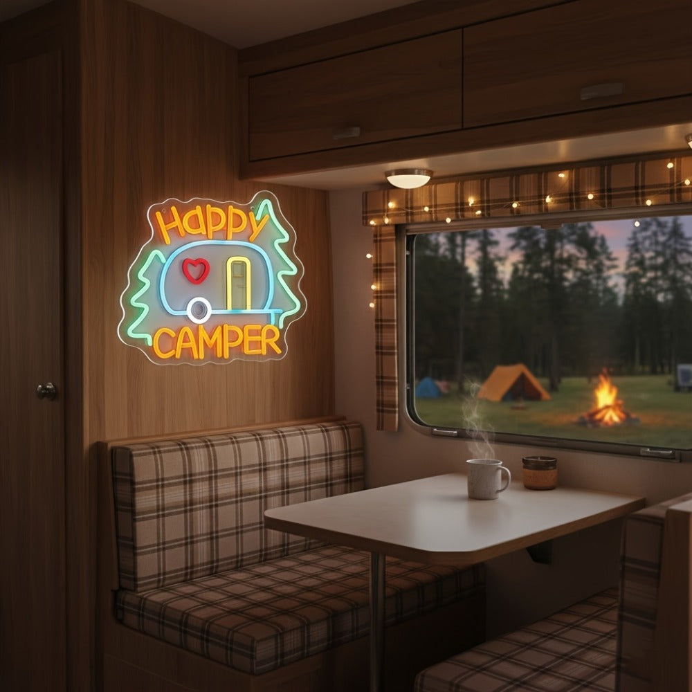 Happy Camper Multicolor LED Neon Sign with RV Motif, 32.5 x 27 cm Panel and Wall-Mount Display
