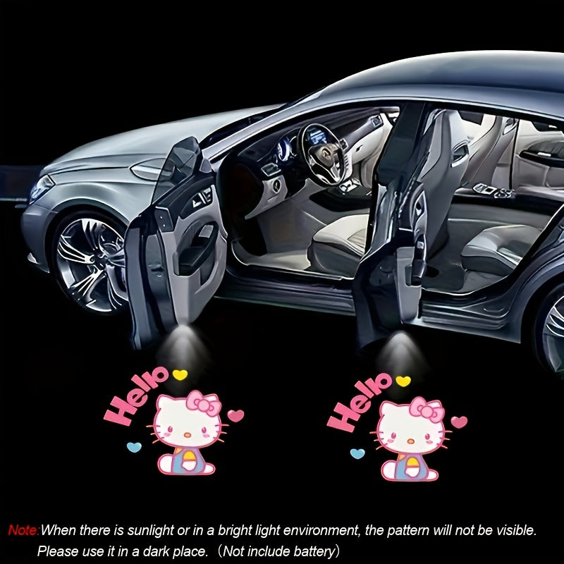 Car Door LED Projector Lights – Hello Kitty Cartoon Shadow Light, Wireless Puddle Light, Ground Projection Lamp for Car Accessories (Set of 2, No Battery)