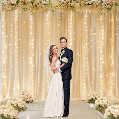 Champagne Tulle Photography Backdrop Set with Two Curtain Panels, USB String Lights and Ten Hooks